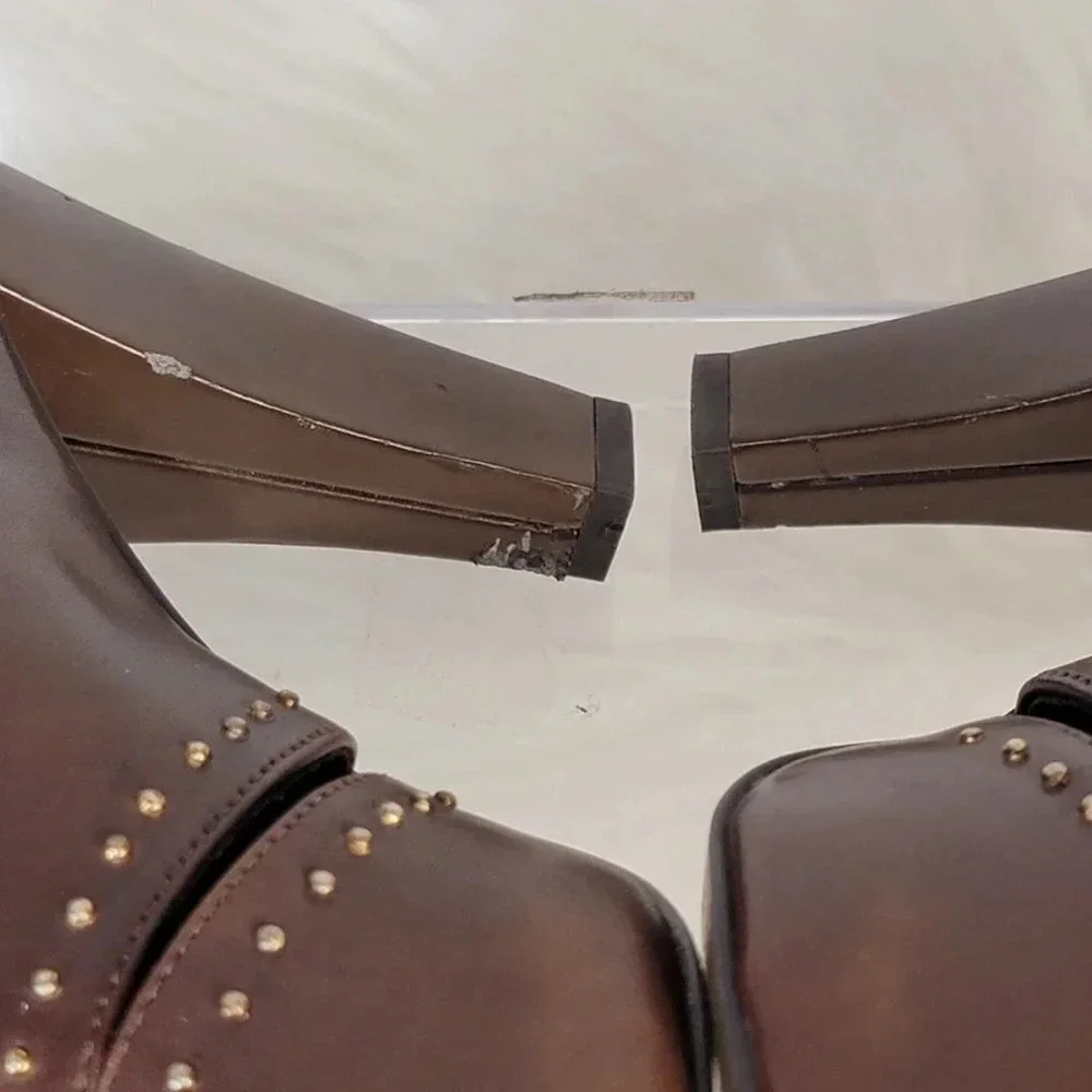 FRANCO SARTO Brown High Heel Booties Zipper Ankle Boot Leather 8M Shoe Peep‎ Toe